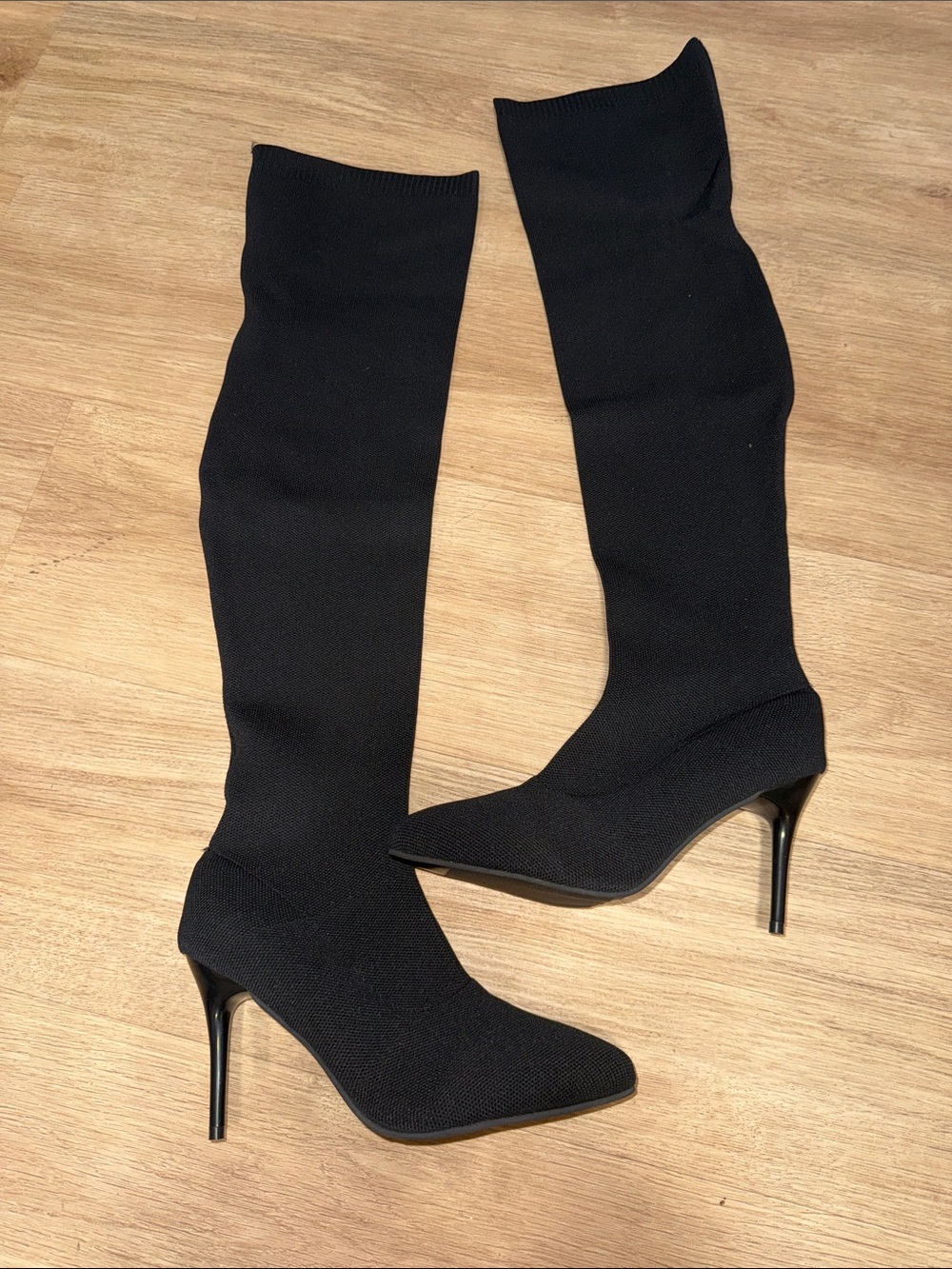 Black Stretch-Knit Over-the-Knee Stiletto Boots